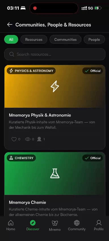 Der Entdecken-Bereich der App: Filter für Ressourcen, Communities und Personen, darunter fachliche Communities wie Physik oder Chemie mit Likes, Aufrufen und Mitgliederzahl